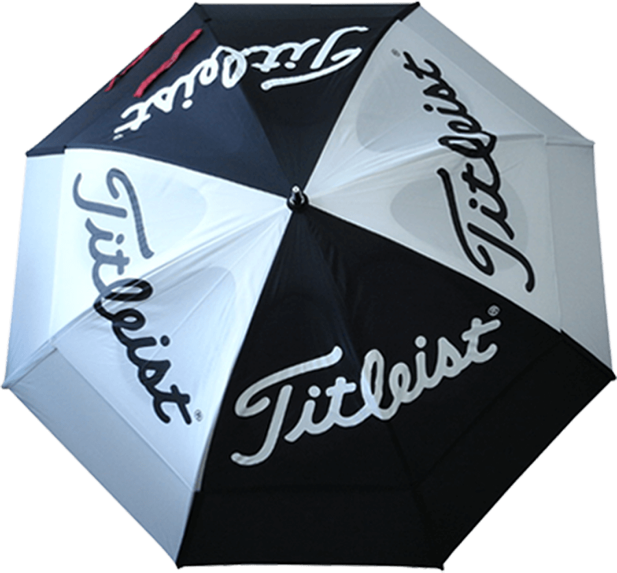 A black and white golf umbrella printed with the 