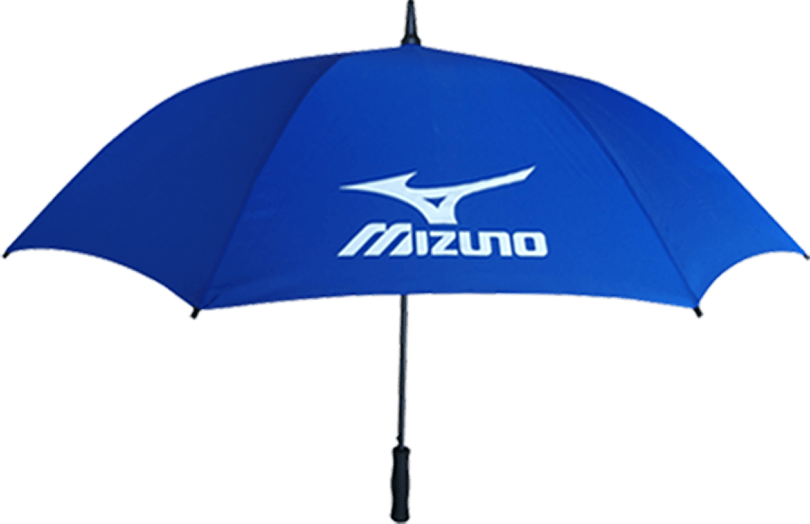 A blue Mizuno golf umbrella with the white Mizuno brand logo printed on the canopy